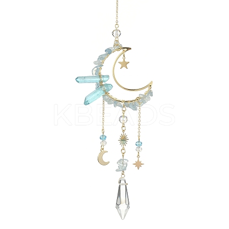 Natural Aquamarine Chips & Brass Moon Pendant Decorations HJEW-TA00066-04-1