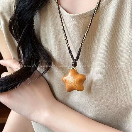 Wood Pendant Adjustable Cotton Cord Long Necklaces for Women WG65FA5-02-1