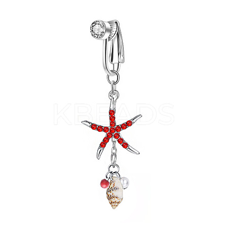 304 Stainless Steel Pave Cubic Zirconia & Plastic Pearl & Natural Shell Starfish Dangle Clip on Belly Rings FS-WG69EA3-03-1
