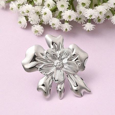 Flower 304 Stainless Steel Open Cuff Rings for Women RJEW-A091-22P-1