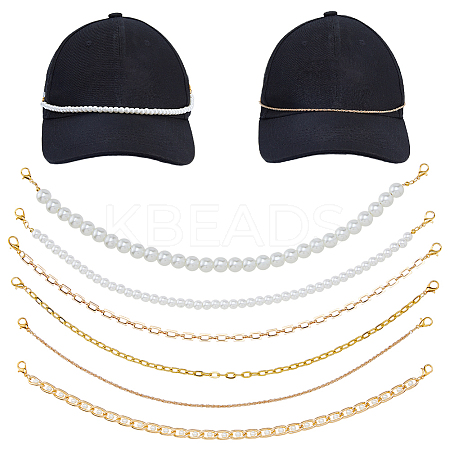 8Pcs Iron & 304 Stainless Steel & Glass Pearl Bead & Brass Chain Baseball Cap Chains HJEW-DC00071-1