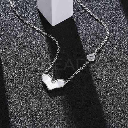 304 Stainless Steel Pave Natural White Shell Heart Pendant Necklaces for Women NJEW-U032-09P-01-1