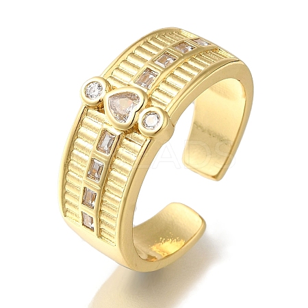 Rack Plating Heart Brass Clear Cubic Zirconia Open Cuff Rings RJEW-S411-03G-1