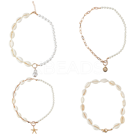 4Pcs 4 Style Natural Shell & Imitation Pearl Beaded Necklaces Set NJEW-AN0001-53-1