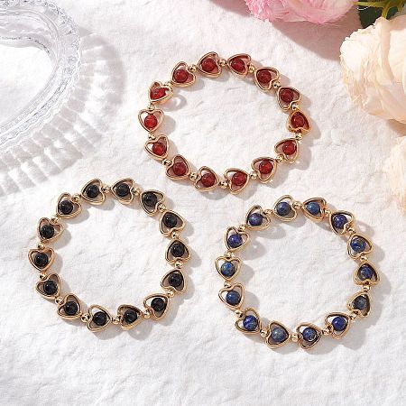 3Pcs Natural Black Onyx & Carnelian & Lapis Lazuli Beads Link Chains Bracelets for Women BJEW-JB13440-1