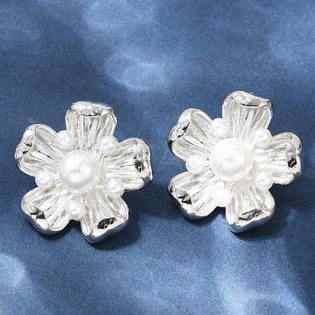 Flower Brass ABS Imitation Pearl Stud Earrings EJEW-M082-08P-1