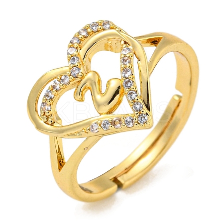 Heart with Letter Rack Plating Brass Micro Pave Clear Cubic Zirconia Adjustable Rings for Women RJEW-I105-01G-Z-1