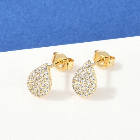Teardrop Brass Micro Pave Clear Cubic Zirconia Stud Earrings EJEW-Z091-01G-1