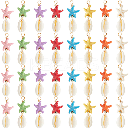 40Pcs Starfish Dyed Synthetic Turquoise & Natural Cowrie Shell Pendants PALLOY-SC0004-41-1