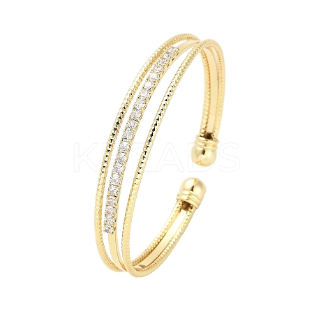 Brass Micro Pave Clear Cubic Zirconia 3-Line Open Cuff Bangles for Women BJEW-M312-06G-1