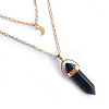 Natural Obsidian Double Terminated Pointed Bullet & Moon Alloy Pendant Double Layer Necklaces for Women WGAD714-01-1