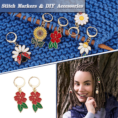 Alloy Enamel Flower & Ladybug Charm Locking Stitch Markers HJEW-PH01712-1