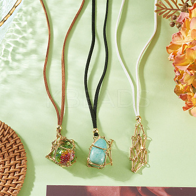 3Pcs Faux Suede Macrame Pouch Pendant Necklaces NJEW-TAC0052-03-1