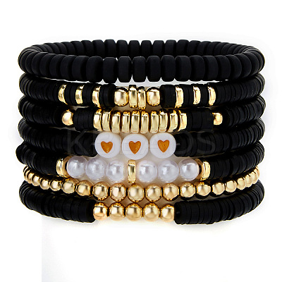 7Pcs Heart Pattern Polymer Clay & Plastic Pearl & CCB Plastic Beaded Stretch Bracelet Set for Women FS-WG634BB-13-1