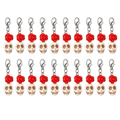 Skull Synthetic Turquoise & Resin Rose Pendant Decorations HJEW-JM03998-1