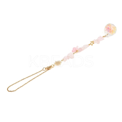 Round Glass & Natural Rose Quartz Chips Hanging Suncatchers HJEW-JM04209-03-1