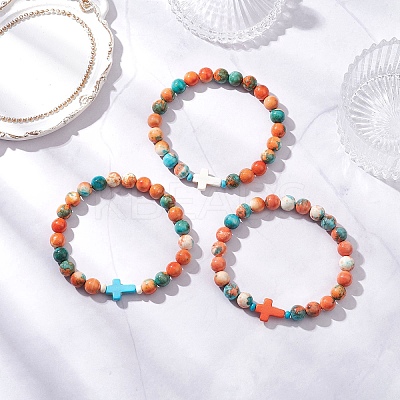 3Pcs 3 Colors Dyed Synthetic Ocean White Jade & Turquoise Beaded Stretch Bracelets for Men Women BJEW-JB12372-1