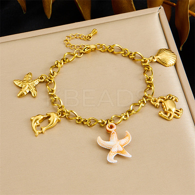 Ocean Theme 304 Stainless Steel Charm Bracelets for Women BJEW-Z142-01G-1