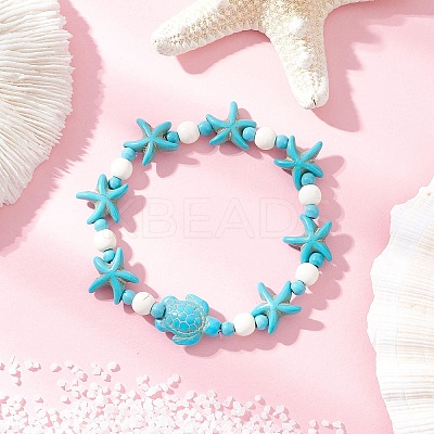 3Pcs 3 Colors Starfish & Turtle Synthetic Turquoise Beads Stretch Bracelets for Women BJEW-JB12129-1