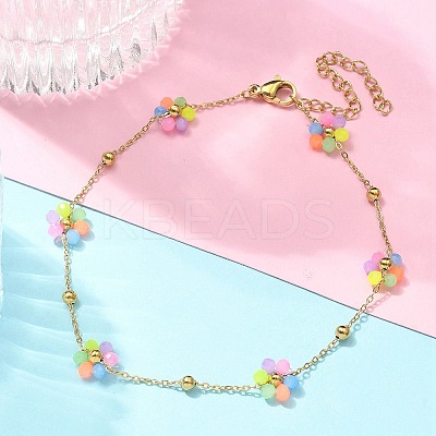 304 Stainless Steel & Synthetic Stone Daisy Flower Chain Anklets for Women AJEW-B031-01G-01-1