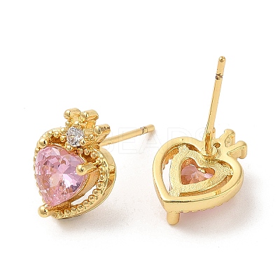 Rack Plating Brass Crown with Love Stud Earrings with Cubic Zirconia EJEW-D061-60G-1