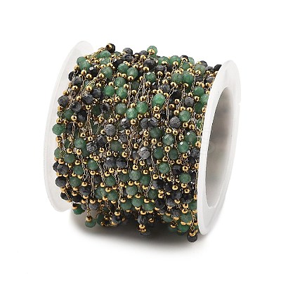 Green Aventurine & Snowflake Obsidian & 304 Stainless Steel Beads Link Chains CHS-K021-01G-01-1