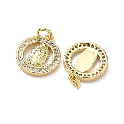 Brass Micro Pave Cubic Zirconia Flat Round with Virgin Mary Charms KK-C156-23G-1