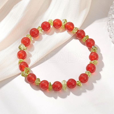 Natural Peridot Chip & Natural Carnelian Round Beaded Stretch Bracelets for Women BJEW-JB13279-02-1