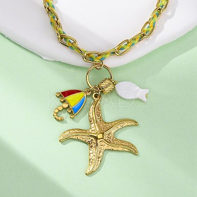 Starfish & Umbrella 304 Stainless Steel Enamel Pendant Necklaces NJEW-L465-07G-1
