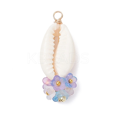 6Pcs 6 Colors Natural Cowrie Shell with Acrylic Flower Pendants PALLOY-JF04524-1