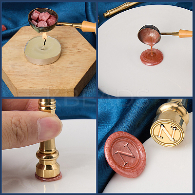 1Pc Golden Tone Brass Wax Seal Stamp Heads with Bamboo Stick Shaped Handles STAM-CP0001-05N-1