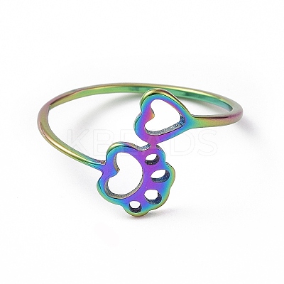 Ion Plating(IP) 201 Stainless Steel Paw Print and Heart Finger Ring RJEW-J051-27MC-1