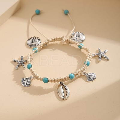 Bohemian Style Sea Animal Alloy Charms Synthetic Turquoise & Cotton Cord Braided Anklets FS-WGB3C8E-02-1