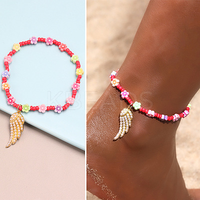 Alloy Wing Charm Glass Seed Beaded Stretch Anklets for Beach Party WG08358-04-1
