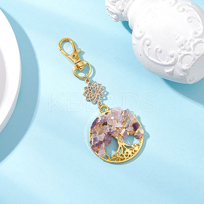 Natural Amethyst Chips Beads & Alloy Tree of Life Pendant Decorations HJEW-JM03129-01-1