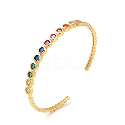 Colorful Cubic Zirconia Flat Round Open Cuff Bangle BJEW-M231-06G-1