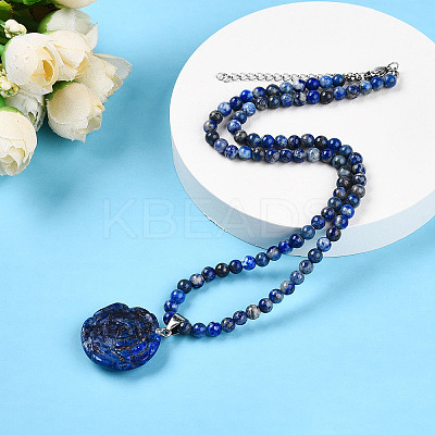 Natural Lapis Lazuli 4.5mm Round Beaded Flower Pendant Necklaces NJEW-T016-04C-1