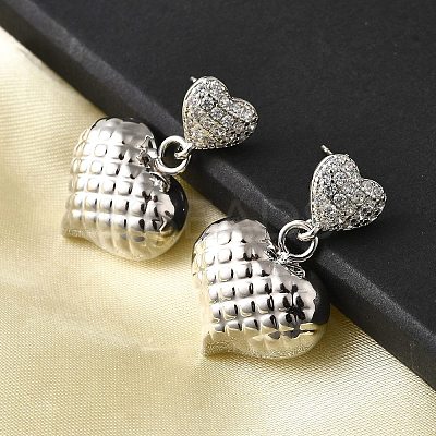 Textured Heart Brass Micro Pave Clear Cubic Zirconia Dangle Stud Earrings EJEW-Z099-02P-01-1