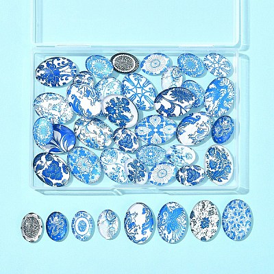 40Pcs 2 Styles Floral Theme Ornaments Glass Oval Flatback Cabochons GGLA-FS0001-10-1