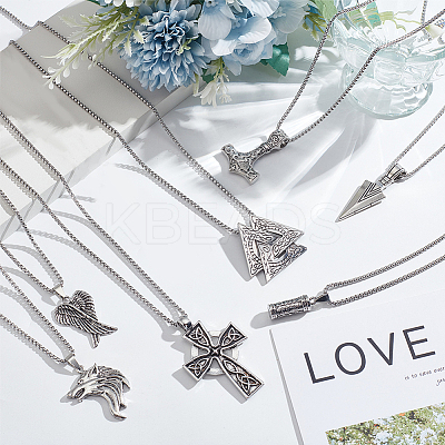 7Pcs 7 Style Arrow & Wolf & Cross & Axe & Wing Pendant Necklaces Set NJEW-AN0001-44-1