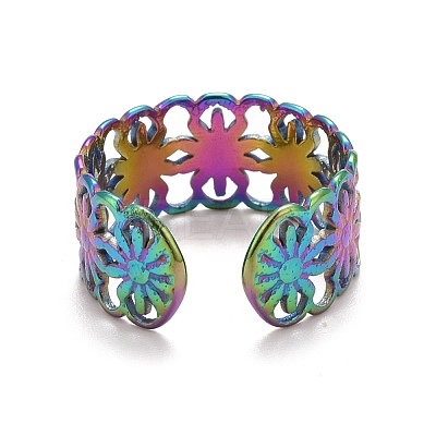 Rainbow Color Ion Plating(IP) 304 Stainless Steel Sunflower Open Cuff Ring for Women RJEW-A005-42MC-1