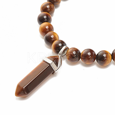 Natural Tiger Eye Round Beaded Stretch Bracelet with Bullet Shape Charm BJEW-JB08310-02-1