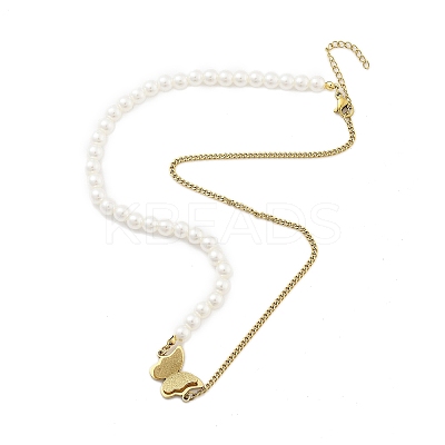 304 Stainless Steel & Plastic Pearl Butterfly Pendant Necklaces NJEW-U023-01G-1