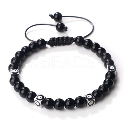 Trendy Ethnic Style Cube Evil Eye & Round Natural Black Onyx(Dyed & Heated) Beaded Stretch Bracelets PJ2289-1-1