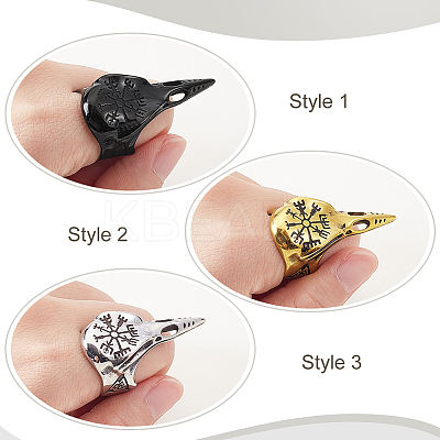 3Pcs 3 Colors Viking Raven Bird Head Stainless Steel Finger Rings RJEW-GA0001-04-1