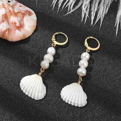 Shell Shape Natural Pearl & Shell Dangle Earrings for Women EJEW-TA00302-1