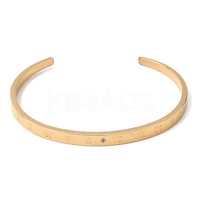 304 Stainless Steel Micro Pave Clear Cubic Zirconia Roman Numerals Open Cuff Bangles for Women SA-CBAC920-09G-1