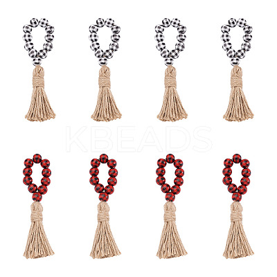 8Pcs 2 Colors Tartan Pattern Wood Beads & Jute Tassel Napkin Rings AJEW-CF0001-06-1