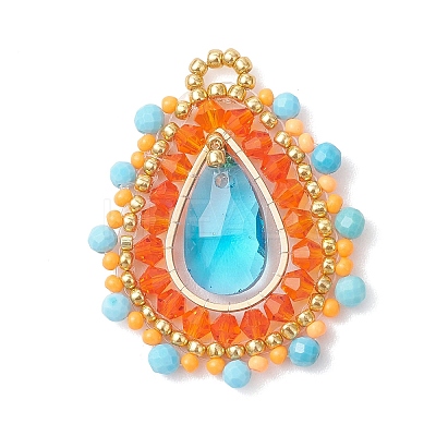Natural Dyed Magnesite Faceted Round and Glass Seed Beaded Pendants PALLOY-MZ01218-02-1
