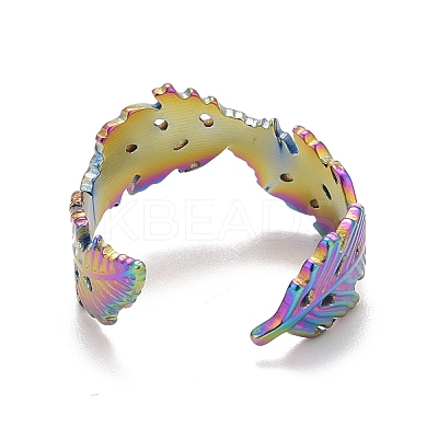 Rainbow Color Ion Plating(IP) 304 Stainless Steel Leaf Wrap Open Cuff Ring for Women RJEW-A005-11-1